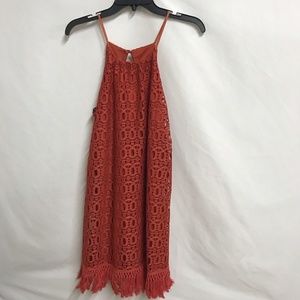 Burnt Orange FLORAL LACE Over Lining Slvls DRESS Sz S Fringe Hem